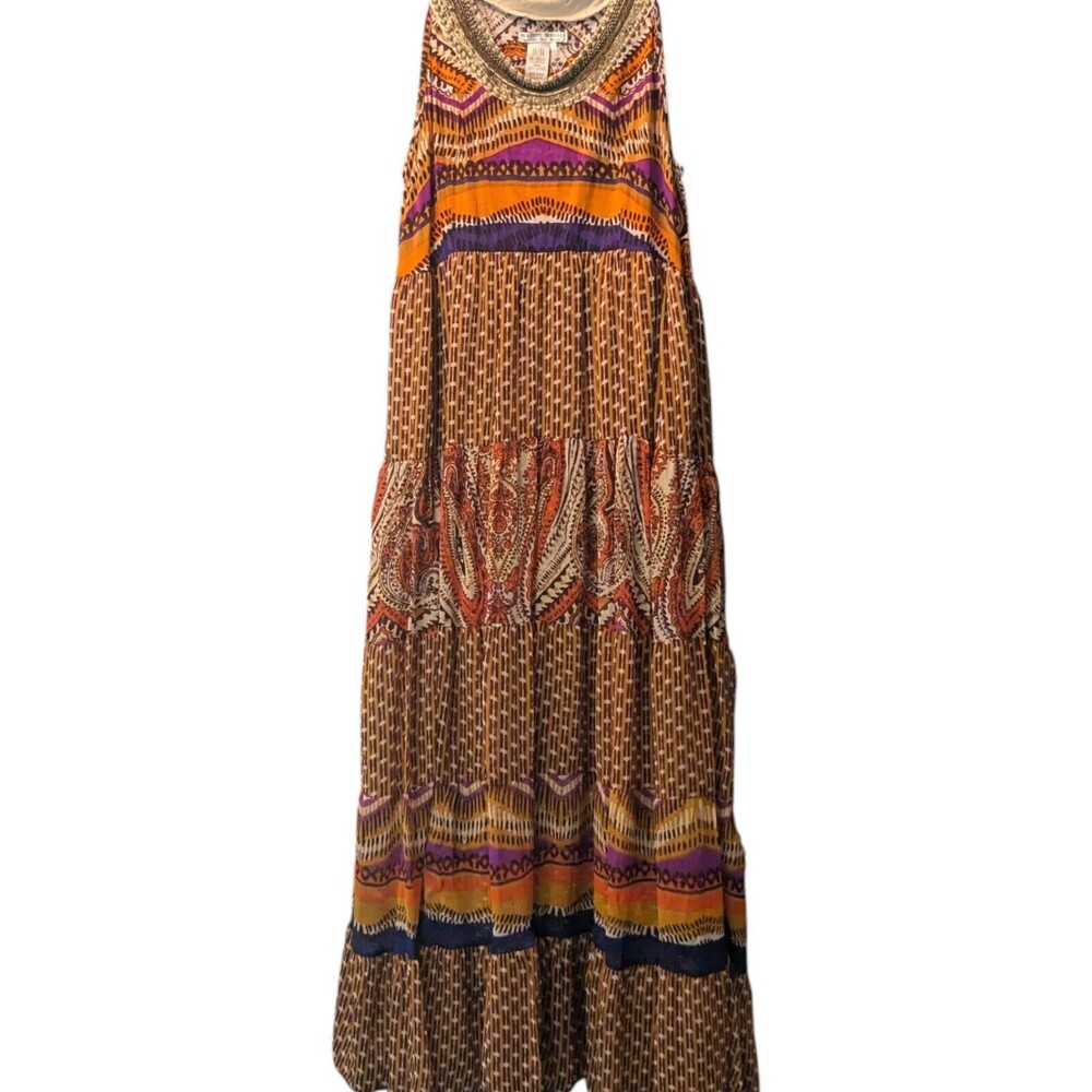 Alberto Makali Dress SZ 14 Paisley Multi Print Colorful Metal Studded